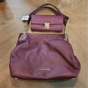 Michael Kors Burgundy Jet Set Lg Shoulder Tote Handbag With Matching‎ Wallet NWT